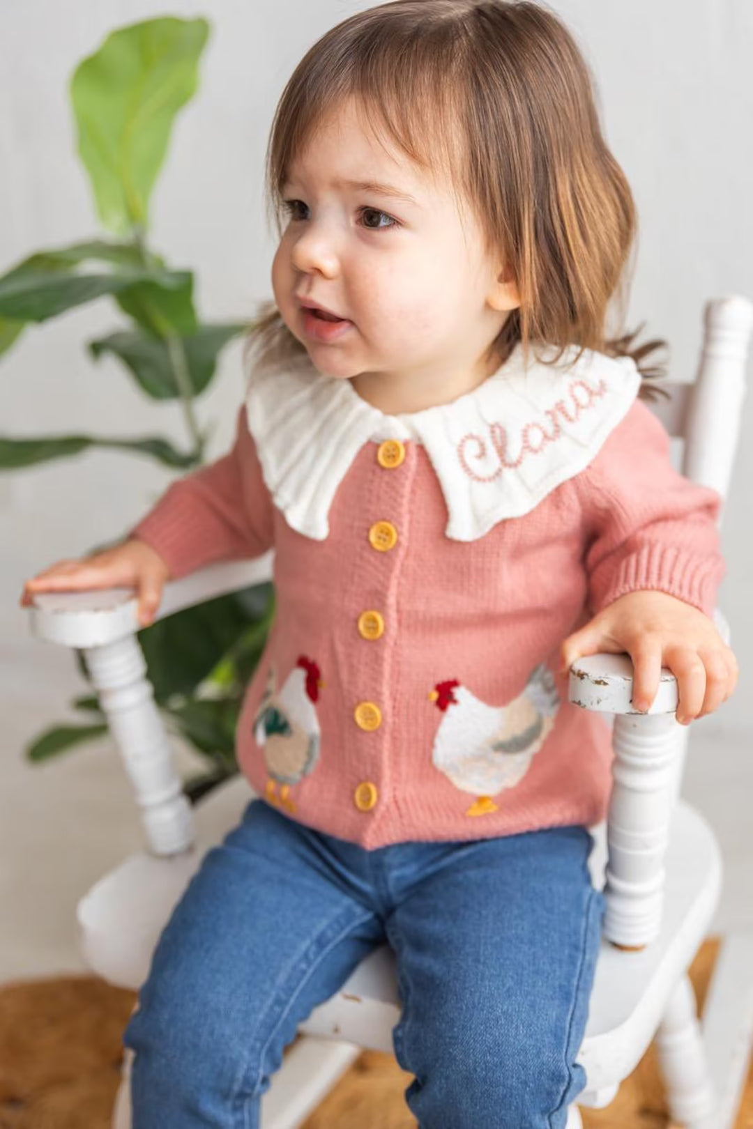 Personalized Chicken Baby Cardigan - Custom Name Ruffle Collar Knit Farmhouse Milestone Girl Outfit