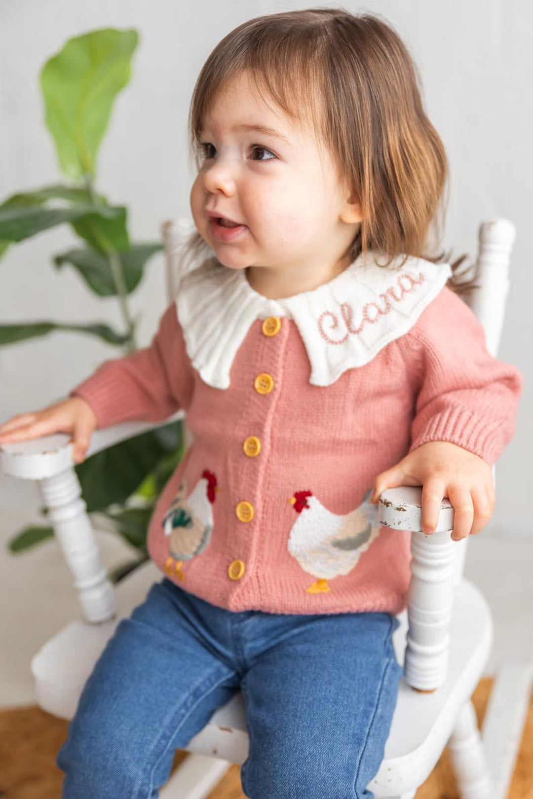 Personalized Chicken Baby Cardigan - Custom Name Ruffle Collar Knit Farmhouse Milestone Girl Outfit