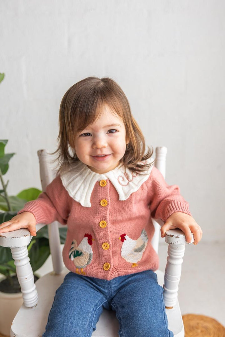 Personalized Chicken Baby Cardigan - Custom Name Ruffle Collar Knit Farmhouse Milestone Girl Outfit