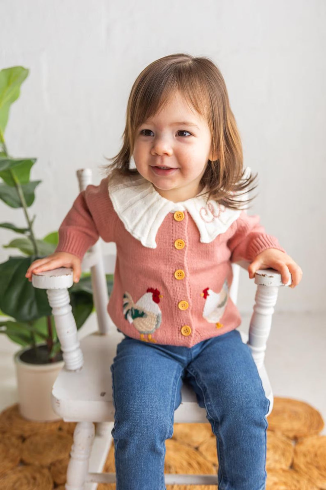 Personalized Chicken Baby Cardigan - Custom Name Ruffle Collar Knit Farmhouse Milestone Girl Outfit