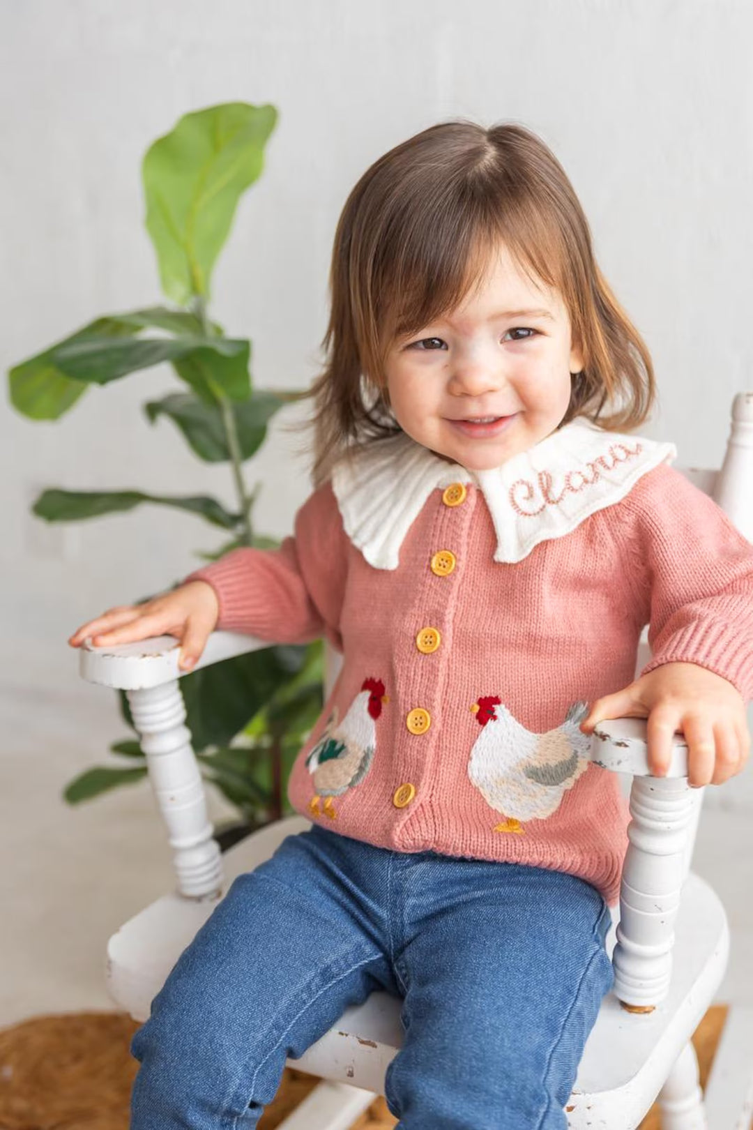 Personalized Chicken Baby Cardigan - Custom Name Ruffle Collar Knit Farmhouse Milestone Girl Outfit