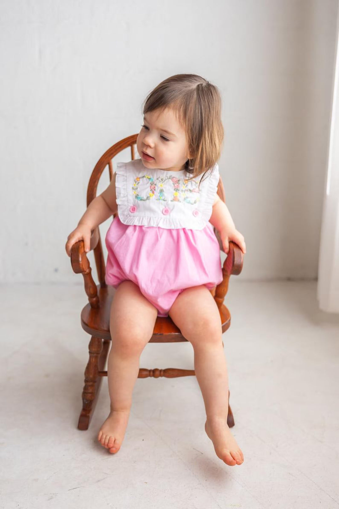 Floral Embroidered Pink Gingham Romper – Girls First Birthday Cake Smash Outfit