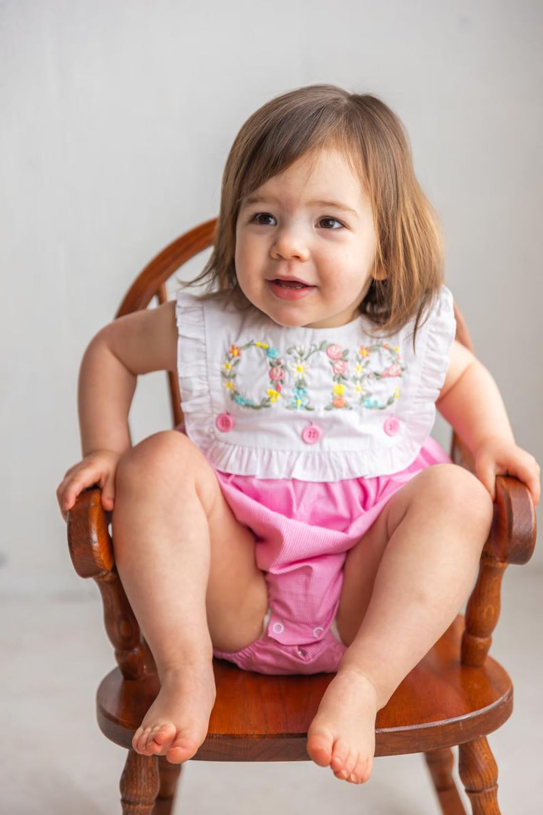 Floral Embroidered Pink Gingham Romper – Girls First Birthday Cake Smash Outfit