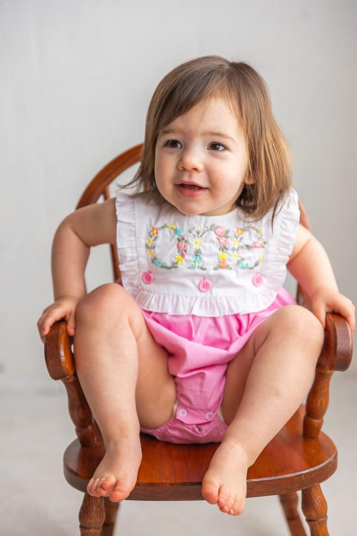 Floral Embroidered Pink Gingham Romper – Girls First Birthday Cake Smash Outfit