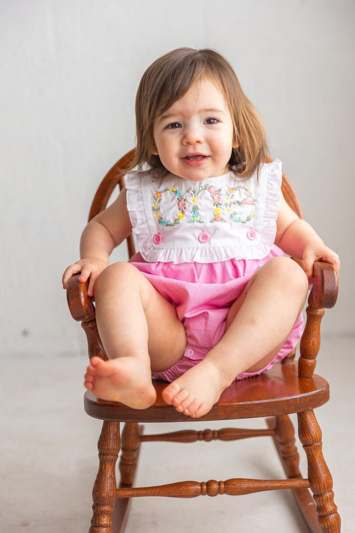 Floral Embroidered Pink Gingham Romper – Girls First Birthday Cake Smash Outfit