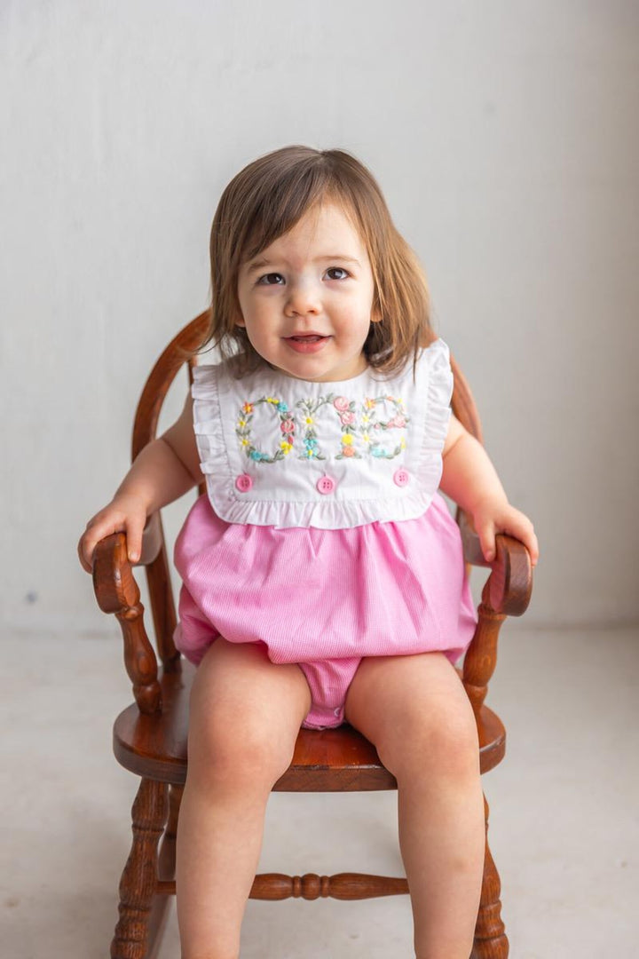 Floral Embroidered Pink Gingham Romper – Girls First Birthday Cake Smash Outfit