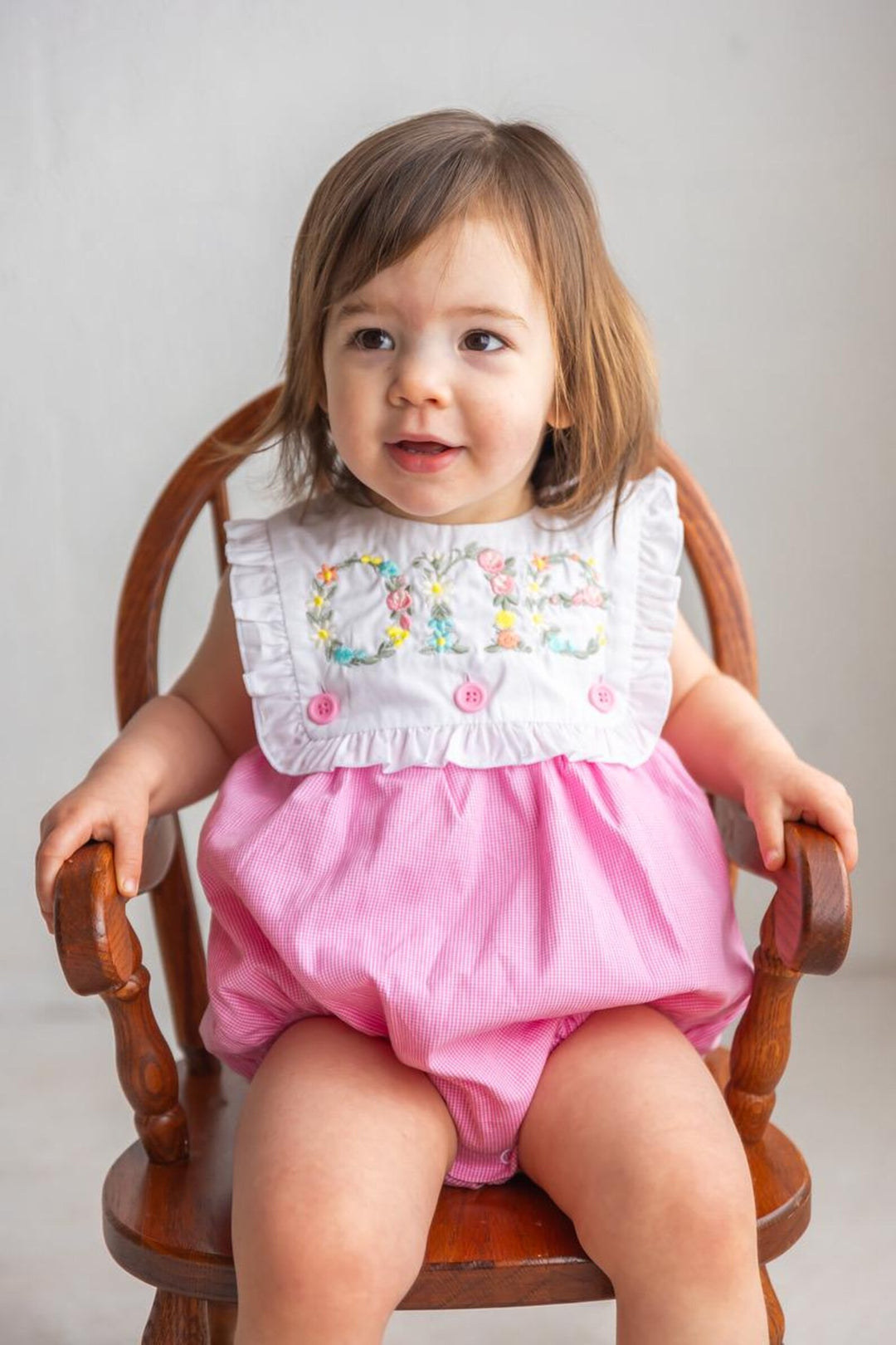 Floral Embroidered Pink Gingham Romper – Girls First Birthday Cake Smash Outfit