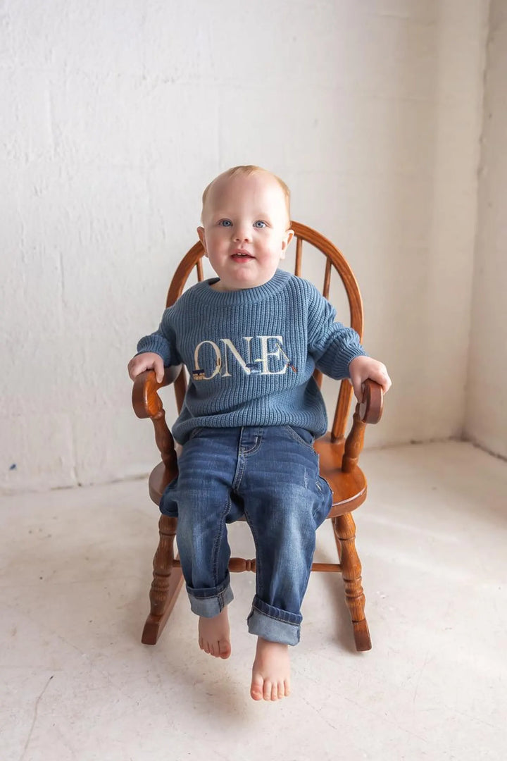 Fishing First Birthday Sweater – Embroidered “ONE” Cotton Outfit