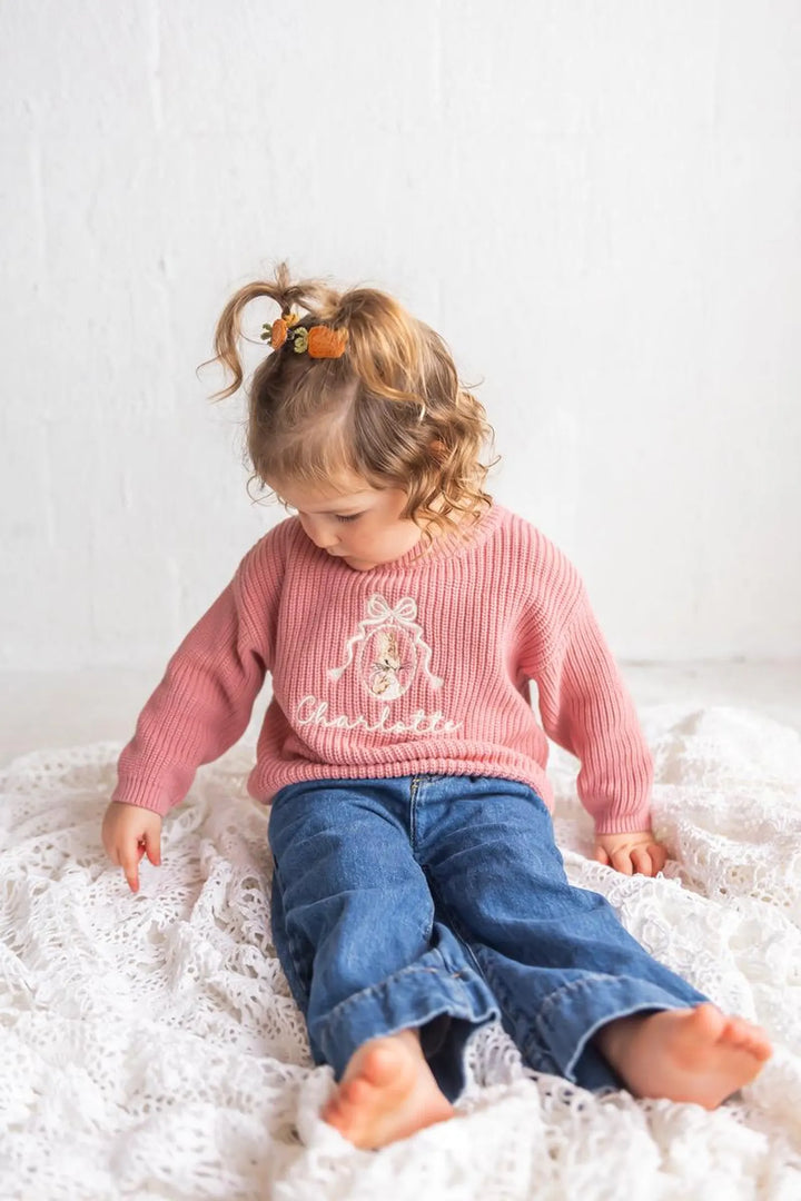Embroidered Bunny Name Sweater – Custom Cotton Knit Easter Outfit
