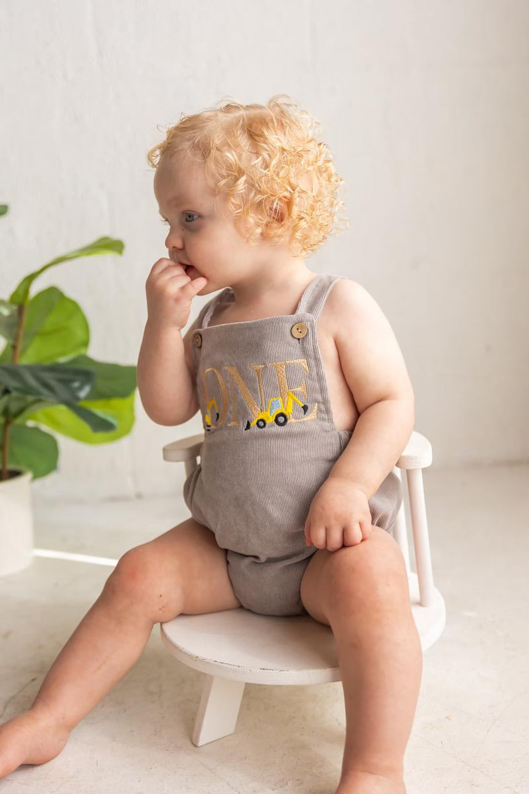 Construction First Birthday Romper - Boys Excavator Cake Smash Outfit - One Embroidered Birthday Overalls
