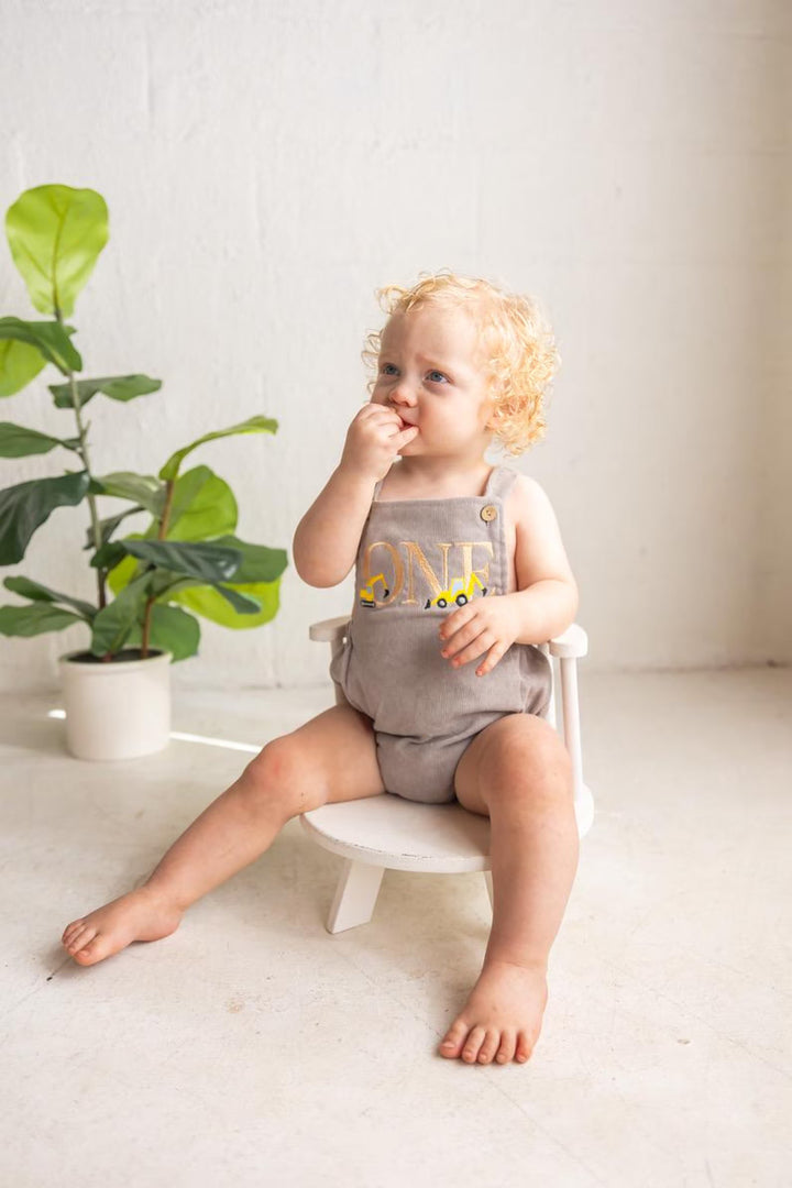 Construction First Birthday Romper - Boys Excavator Cake Smash Outfit - One Embroidered Birthday Overalls