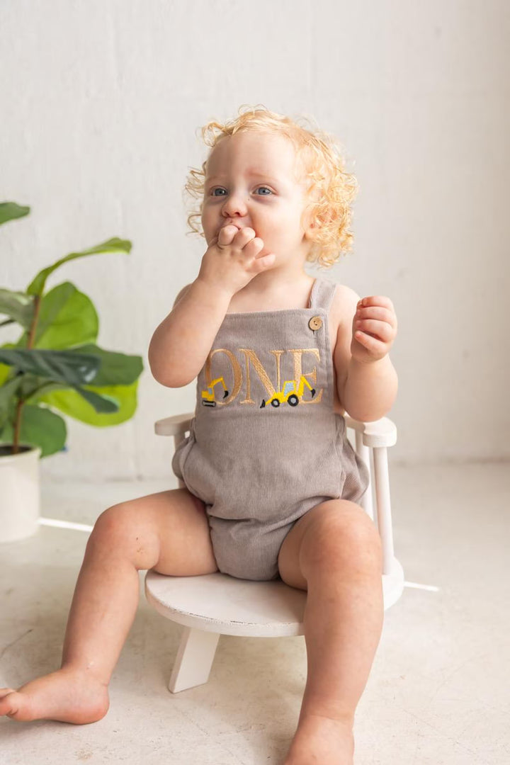 Construction First Birthday Romper - Boys Excavator Cake Smash Outfit - One Embroidered Birthday Overalls