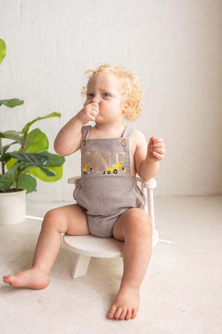 Construction First Birthday Romper - Boys Excavator Cake Smash Outfit - One Embroidered Birthday Overalls