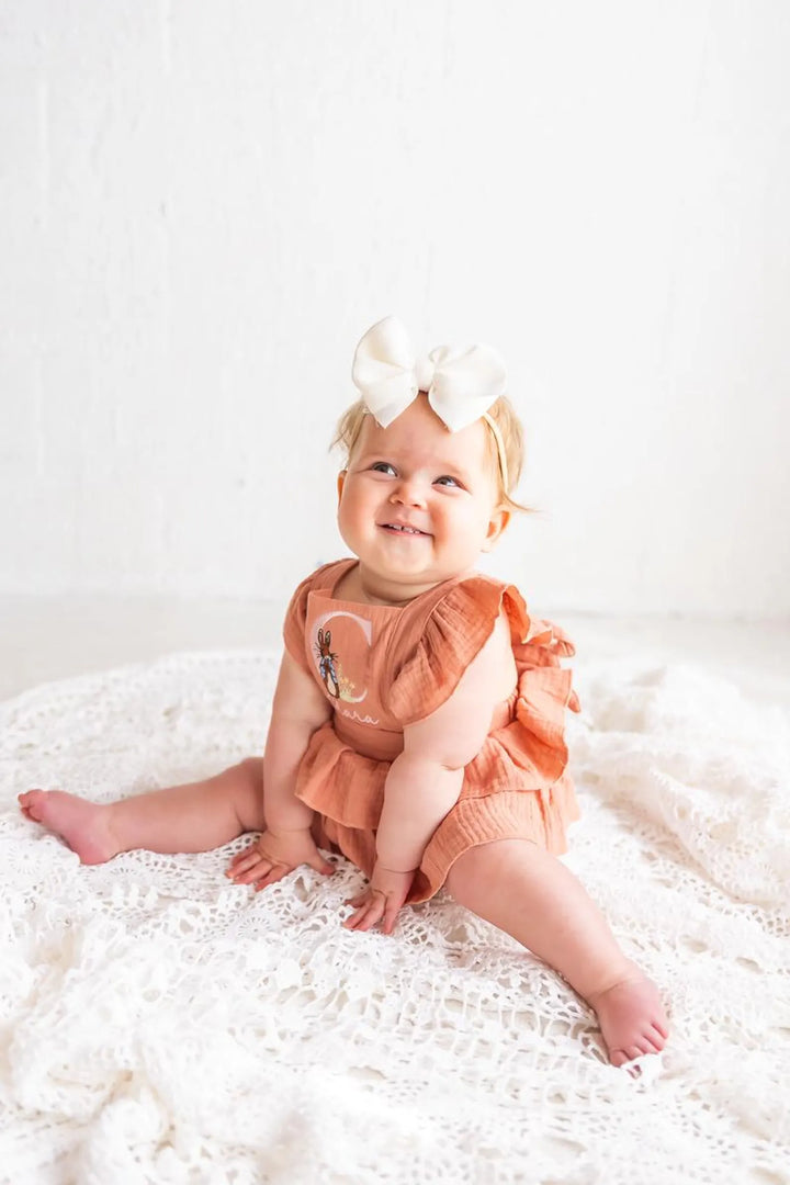 Girls Easter Romper With Name - Peter Rabbit Monogram Romper