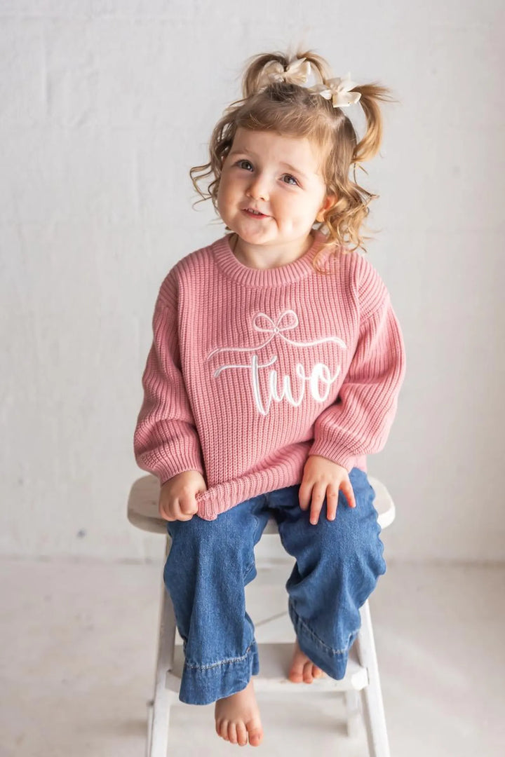 Embroidered Two Birthday Sweater, Coquette Knit Toddler Outfit