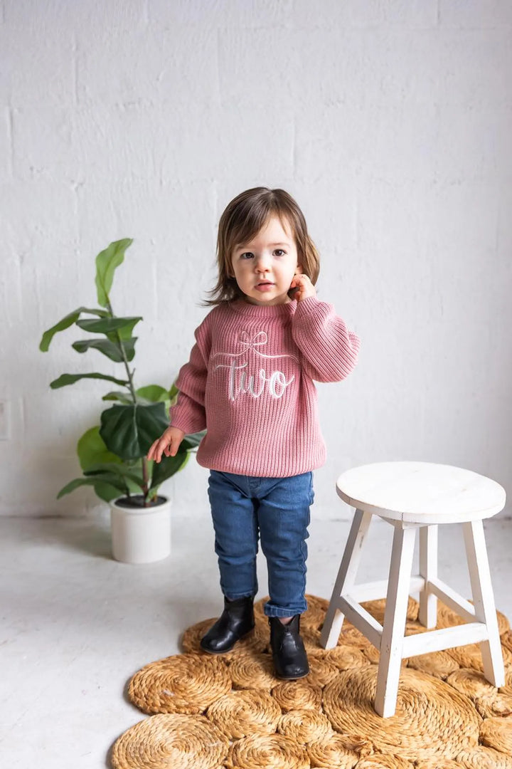 Embroidered Two Birthday Sweater, Coquette Knit Toddler Outfit