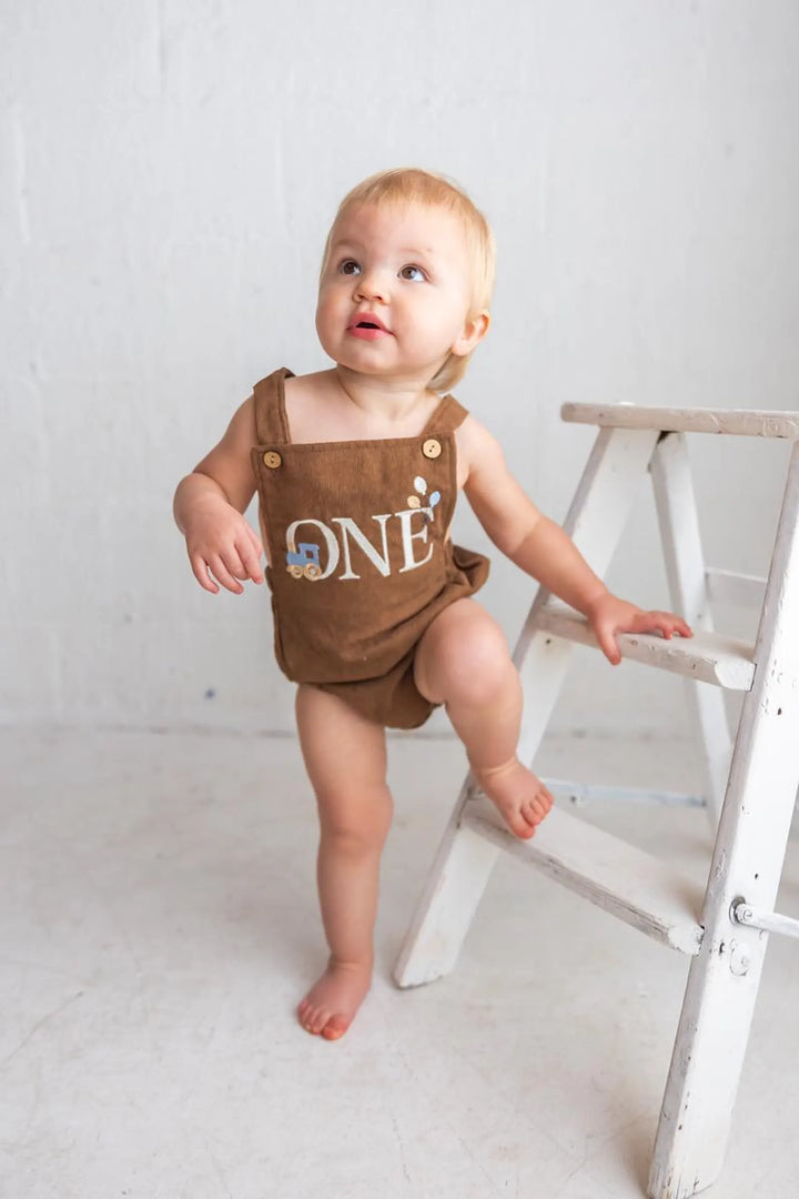 Baby Boy Train Birthday Romper, Embroidered ONE Corduroy Cake Smash Outfit