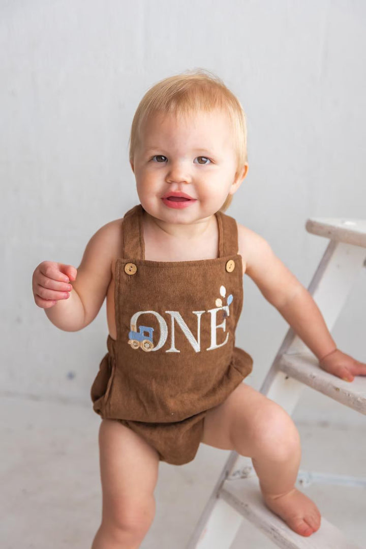 Baby Boy Train Birthday Romper, Embroidered ONE Corduroy Cake Smash Outfit