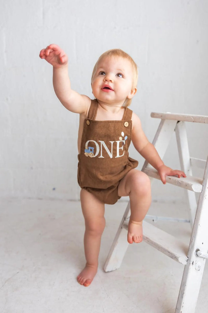 Baby Boy Train Birthday Romper, Embroidered ONE Corduroy Cake Smash Outfit