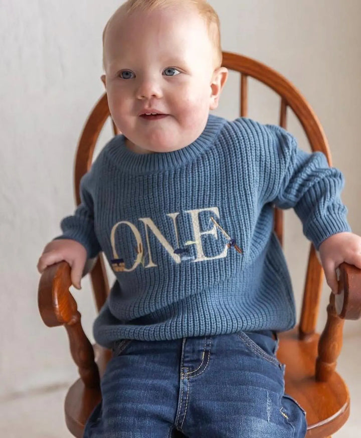 Fishing First Birthday Sweater – Embroidered “ONE” Cotton Outfit