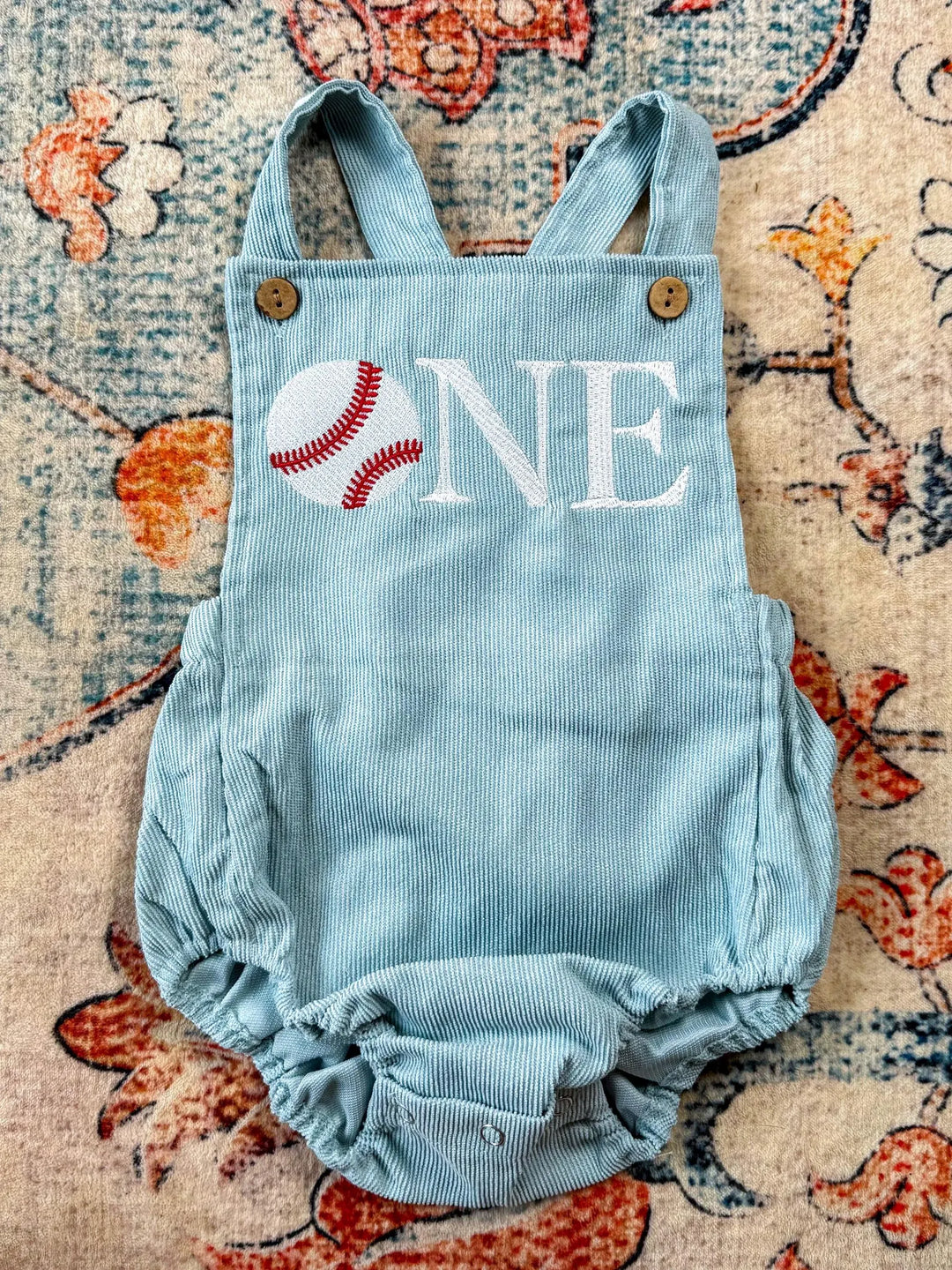 Rookie Year Baseball First Birthday Romper - Personalized Blue Corduroy Baseball Outfit