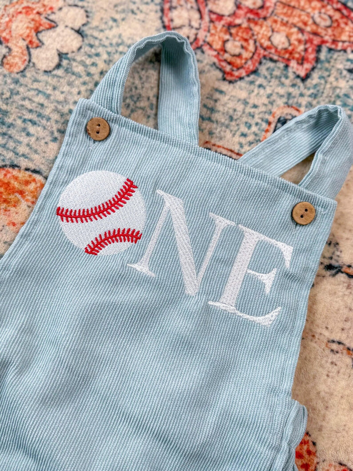 Rookie Year Baseball First Birthday Romper - Personalized Blue Corduroy Baseball Outfit