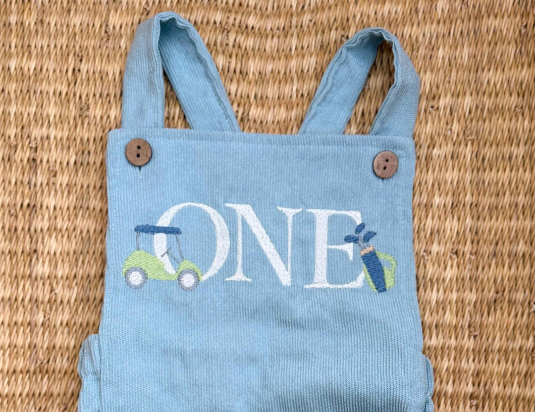 Hole In One First Birthday Bubble Romper - Personalized Corduroy Golf Milestone Baby Boy Outfit