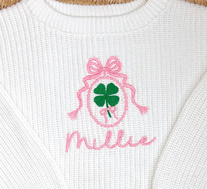 Personalized St. Patrick's Day Baby Sweater - Custom Name Clover Knit - Pink Bow Toddler Top