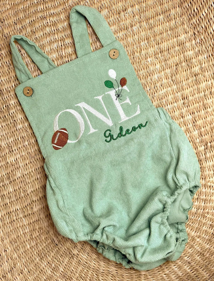 Embroidered Football First Birthday Romper – Green Corduroy Outfit