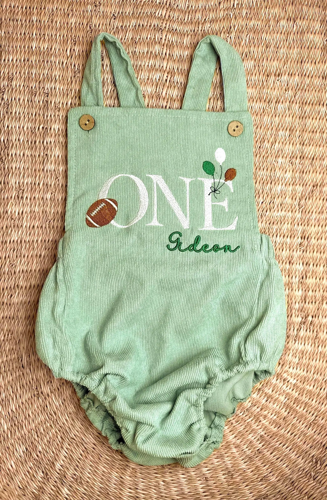 Embroidered Football First Birthday Romper – Green Corduroy Outfit