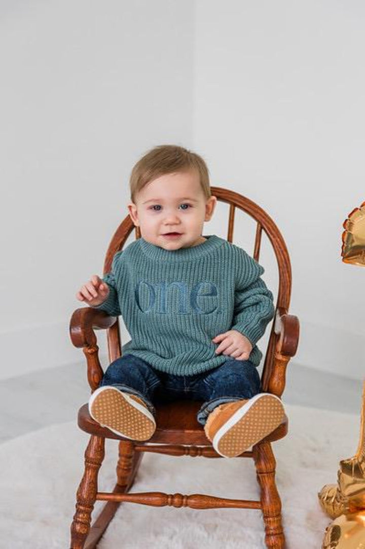 Monochromatic First Birthday Sweater - Personalized Chunky Knit One Milestone Baby Outfit