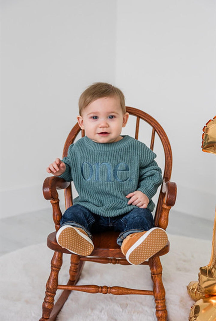 Monochromatic First Birthday Sweater - Personalized Chunky Knit One Milestone Baby Outfit