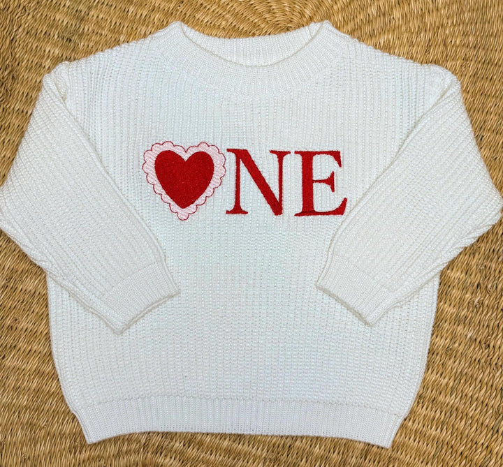 Embroidered Heart "ONE" Sweater – Valentine First Birthday Outfit