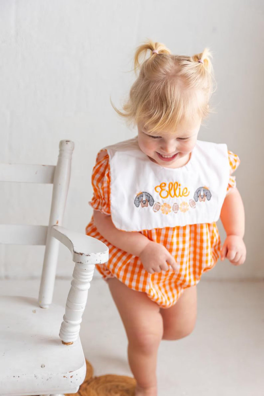 Baby Girls Orange Gingham Romper – Smokey Embroidered Game Day Outfit - Smock Vols Romper