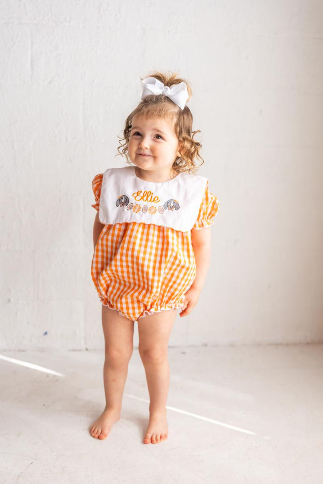 Baby Girls Orange Gingham Romper – Smokey Embroidered Game Day Outfit - Smock Vols Romper