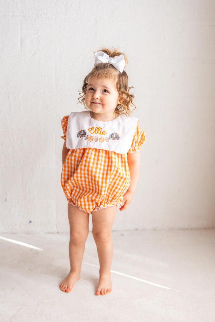 Baby Girls Orange Gingham Romper – Smokey Embroidered Game Day Outfit - Smock Vols Romper
