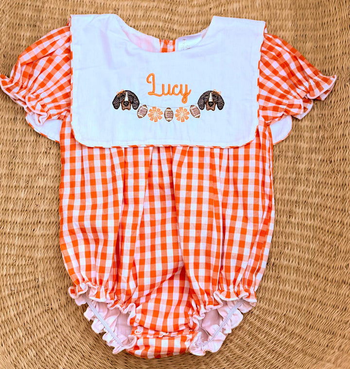 Baby Girls Orange Gingham Romper – Smokey Embroidered Game Day Outfit - Smock Vols Romper