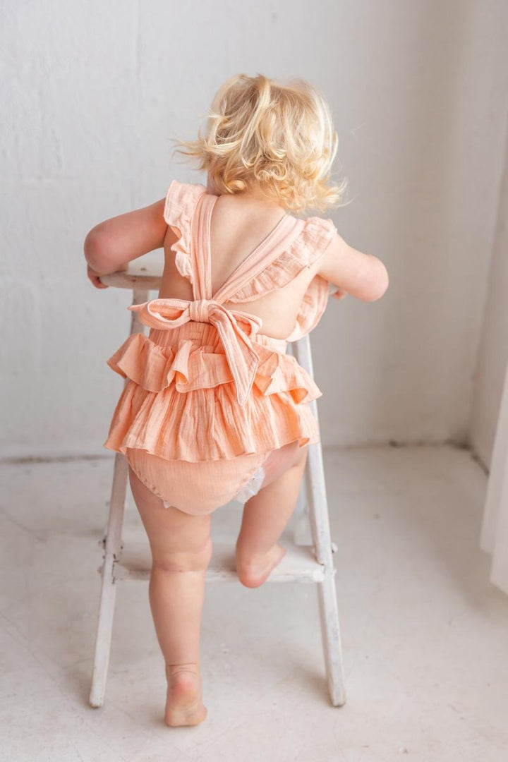 Floral Initial Embroidered Baby Romper: Personalized Ruffle Dress