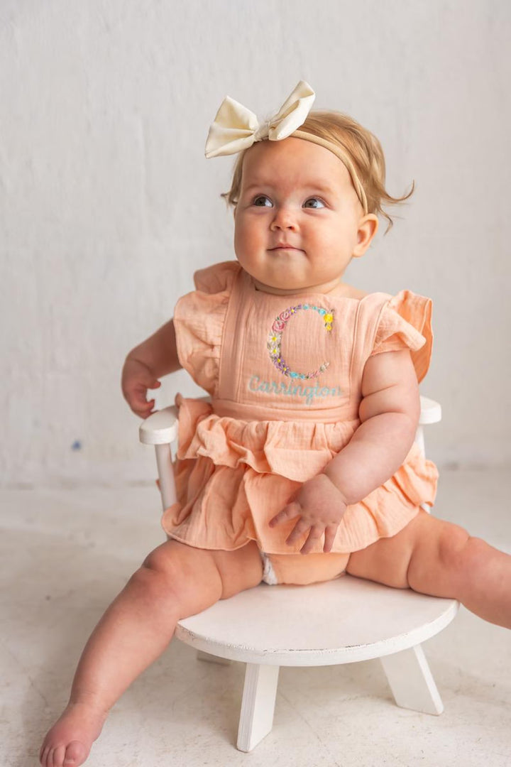 Floral Initial Embroidered Baby Romper: Personalized Ruffle Dress