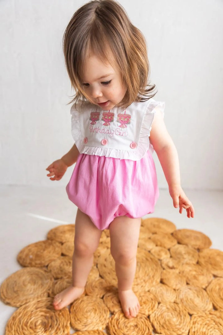Cake "Birthday Girl" Pink Gingham Romper - Girls First Birthday Outfit