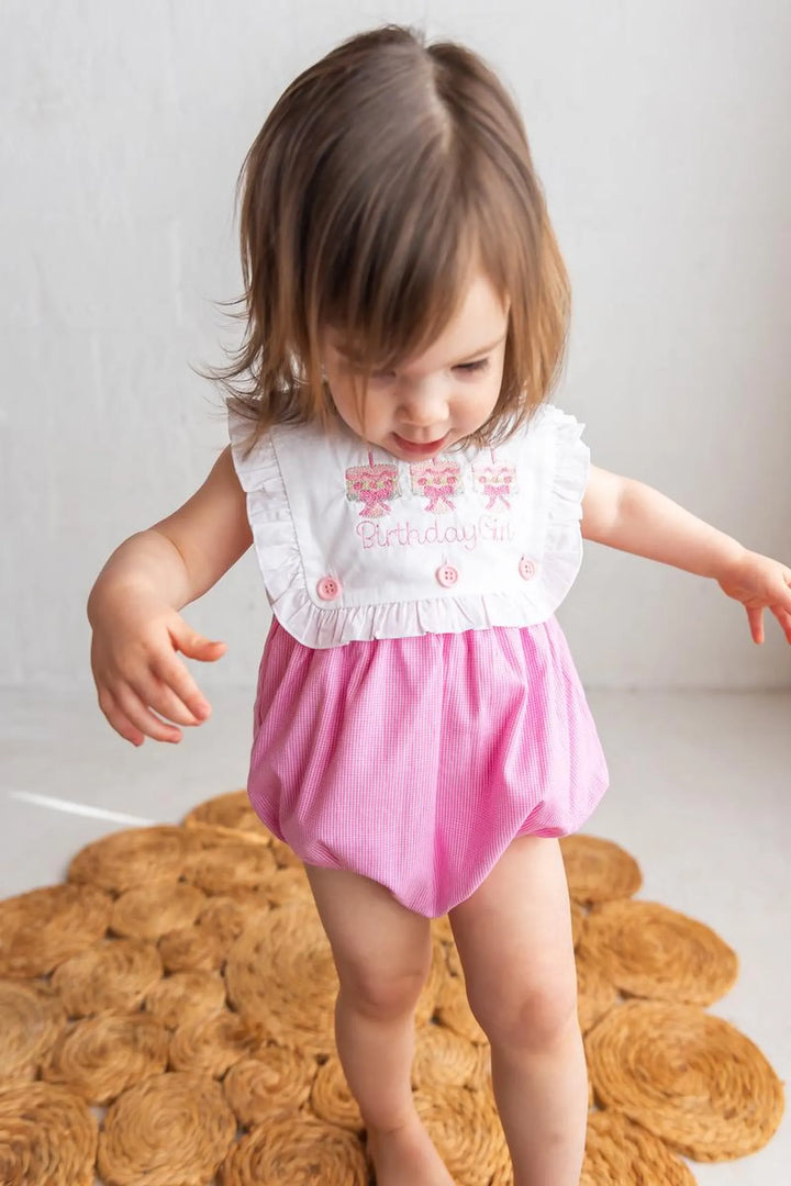 Cake "Birthday Girl" Pink Gingham Romper - Girls First Birthday Outfit