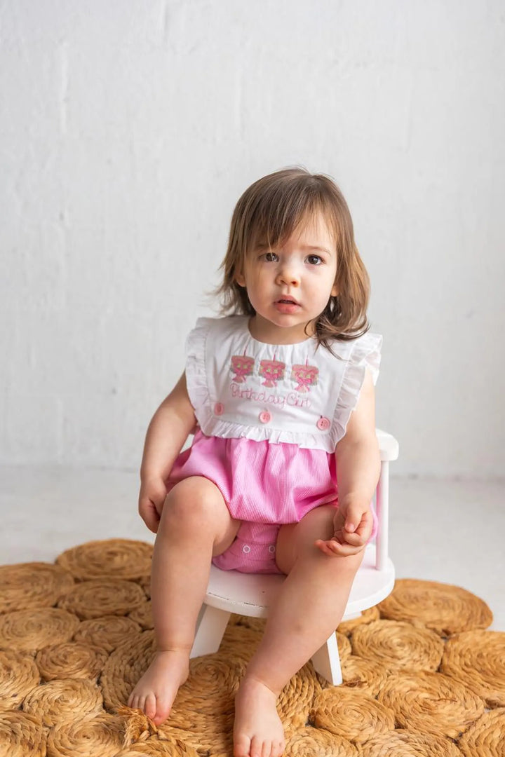 Cake "Birthday Girl" Pink Gingham Romper - Girls First Birthday Outfit