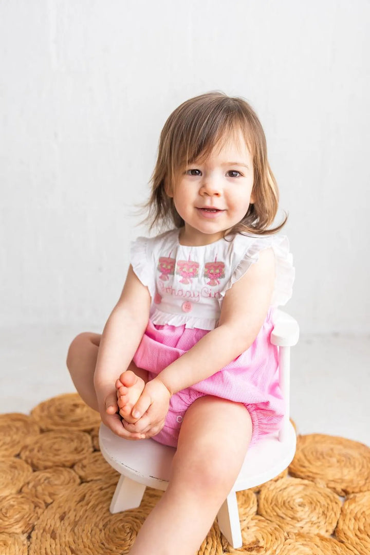 Cake "Birthday Girl" Pink Gingham Romper - Girls First Birthday Outfit