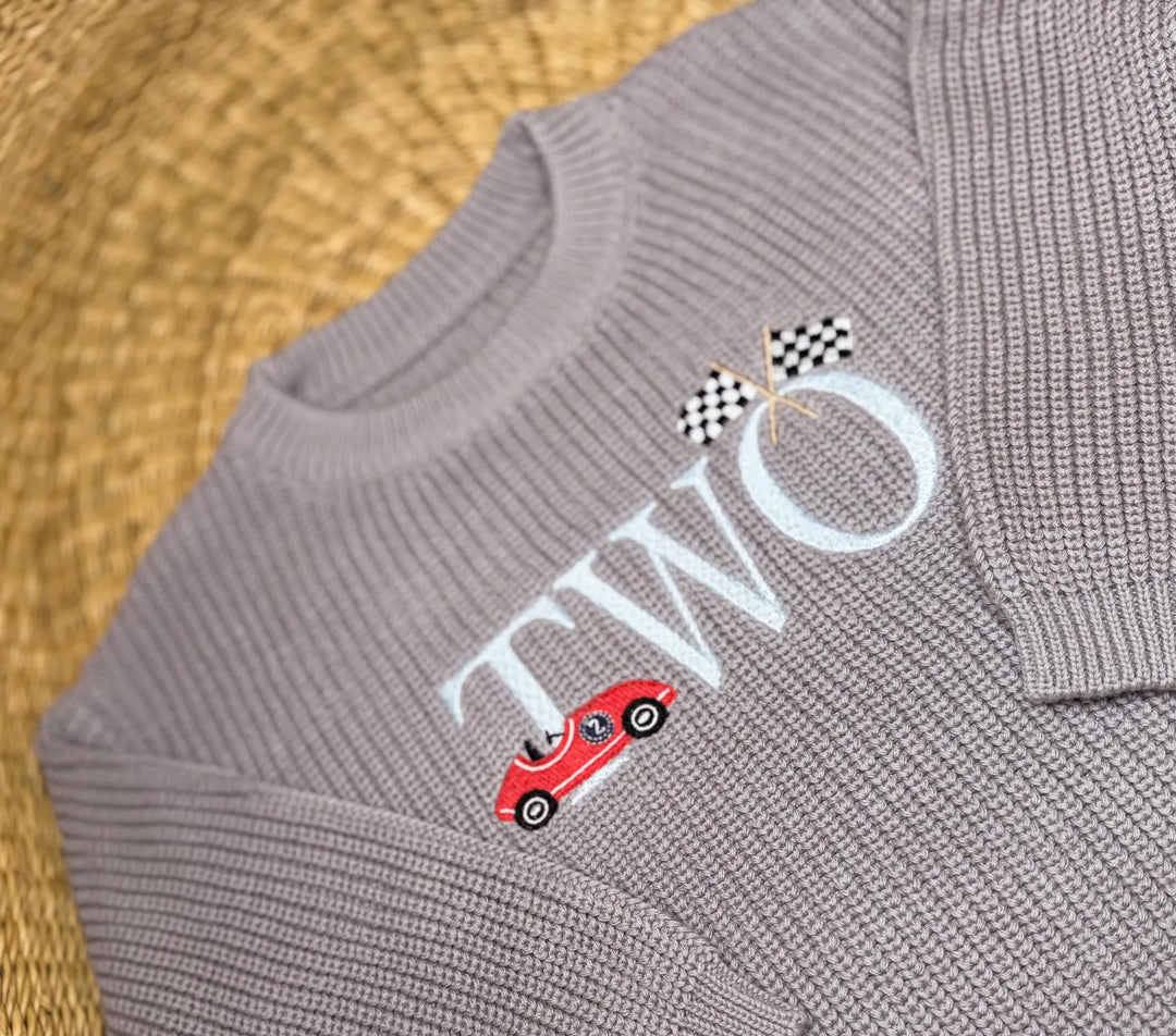 Two Fast Second Birthday Sweater - Personalized Chunky Knit Race Car Milestone Baby Outfit
