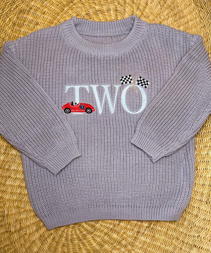Two Fast Second Birthday Sweater - Personalized Chunky Knit Race Car Milestone Baby Outfit
