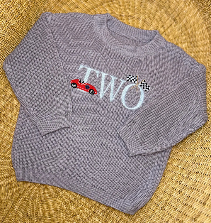 Two Fast Second Birthday Sweater - Personalized Chunky Knit Race Car Milestone Baby Outfit