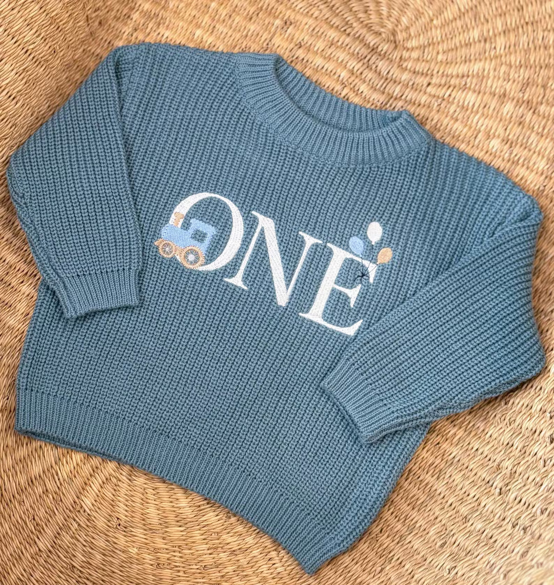 Train First Birthday Sweater - Personalized Chunky Knit One Milestone Steam Engine Baby Outfit