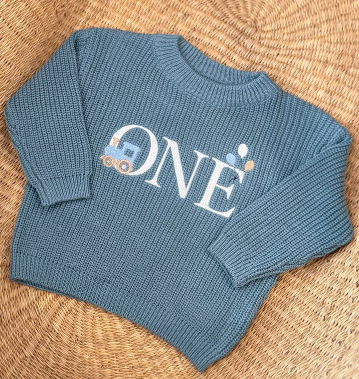 Train First Birthday Sweater - Personalized Chunky Knit One Milestone Steam Engine Baby Outfit