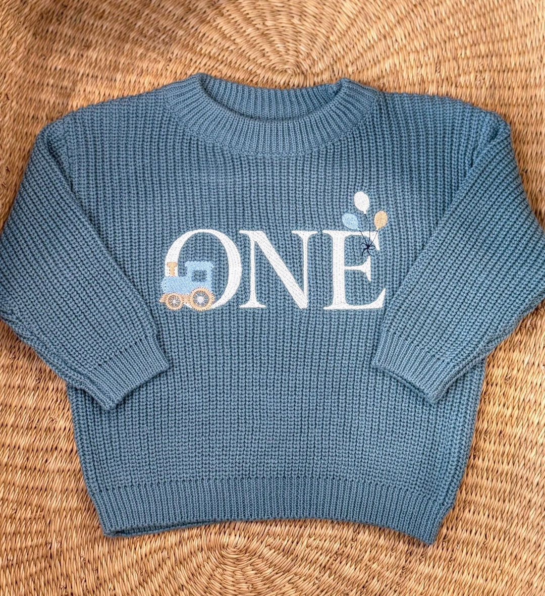 Train First Birthday Sweater - Personalized Chunky Knit One Milestone Steam Engine Baby Outfit