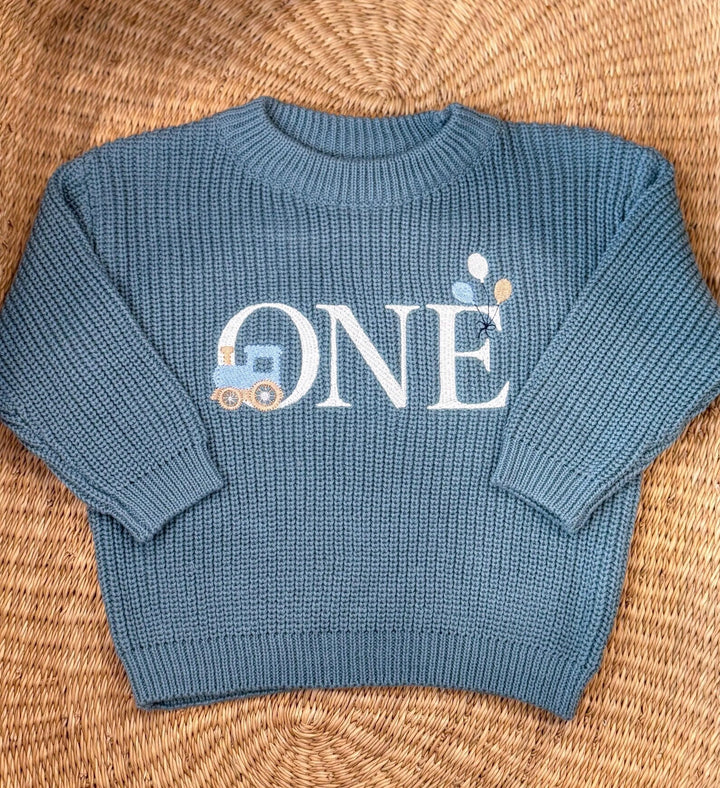 Train First Birthday Sweater - Personalized Chunky Knit One Milestone Steam Engine Baby Outfit